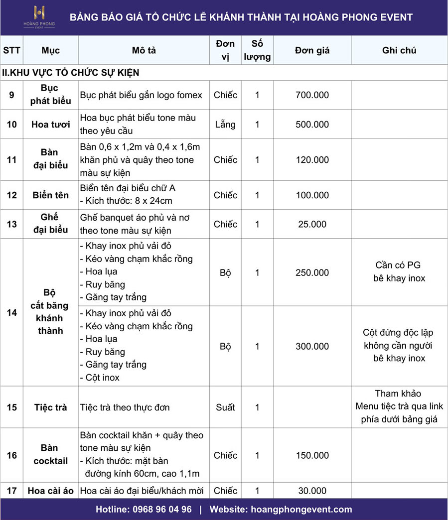Bảng giá tổ chức lễ khánh thành